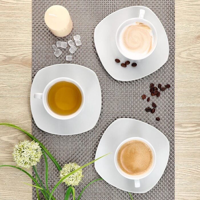 Набір чашок з блюдцями MamboCat Lotta для 6 осіб | Білий порцеляновий набір для сніданку та кави | 6 чашок по 170 мл та 6 блюдець | Елегантний посуд для дому, ресторану, готелю