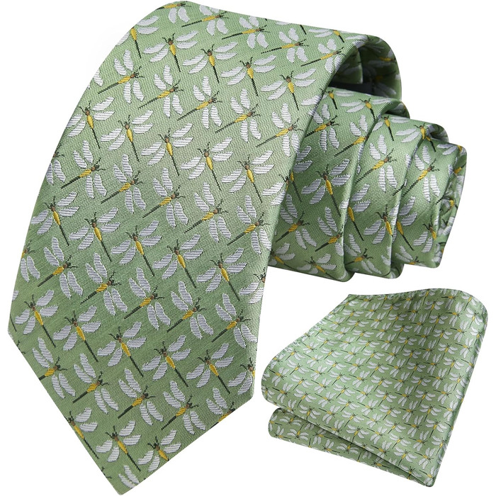 HISDERN Комплект краватки та нагрудного хустинки для чоловіків: зелено-жовтий принт, класичний стиль, для весілля та ділових зустрічей