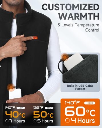 Обогреваемая жилетка LABCOOL для мужчин и женщин - жилетка з мікрофлісу з 6 зонами нагріву та 3 рівнями температури - USB-живлення з Powerbank 10000mAh - можна прати в пральній машині, чорний, розмір M