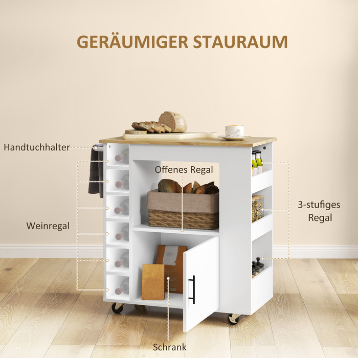 HOMCOM Kitchen Cart Serving Cart with Worktop, Shelves, Wine Racks, Kitchen Cabinet Rolling Cart with Soft-Close Hinges, Handle, Kitchen Island for Office, 83x40x83cm, Oak | Aosom