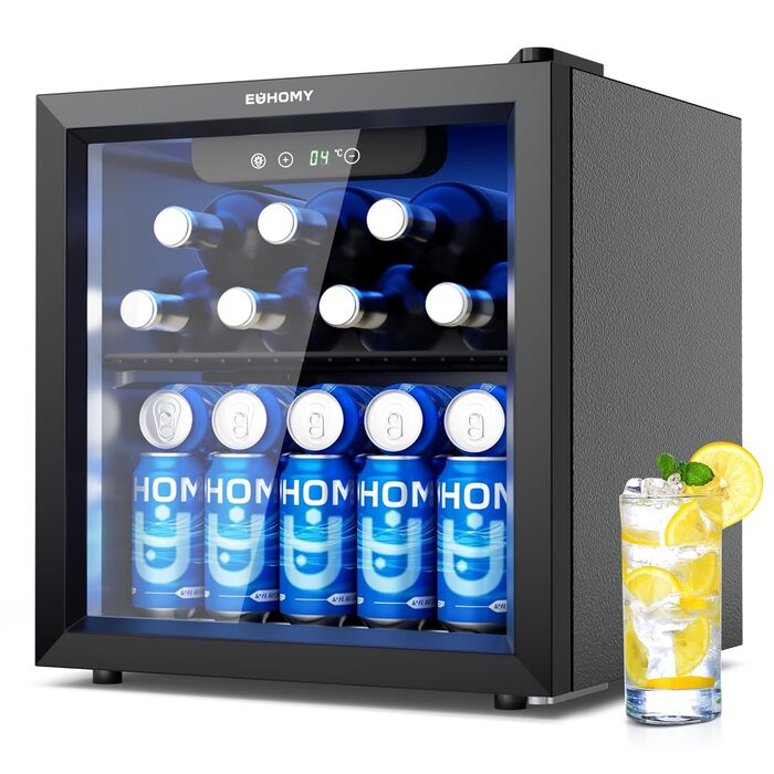 Міні-холодильник EUHOMY для напоїв на 55 банок, чорний, 36L, з дверцятами з прозорого скла, LED-підсвітка, тихий (43dB), для офісу, кімнати, бару
