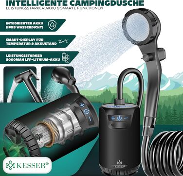 Соняшний душ KESSER® з насосом та акумулятором 8000mAh. Комплект для кемпінгу: 20л бак, регульована насадка, 2м шланг, пістолет-пульверизатор та кріплення.