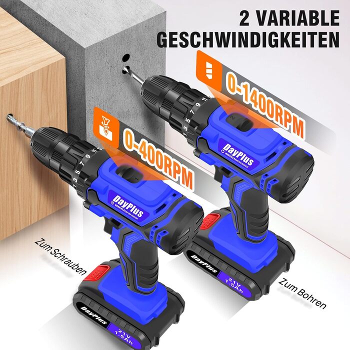 Акумуляторний шуруповерт 21V Set, білий: шуруповерт з акумулятором 1.5Ah, швидка зарядка, 45Nm, 25+1 ступінь, 2 швидкості, LED-ліхтар, набір з 26 аксесуарів для ремонту та DIY (шуруповерт + 2 акумулятори 1.5Ah (блакитні))