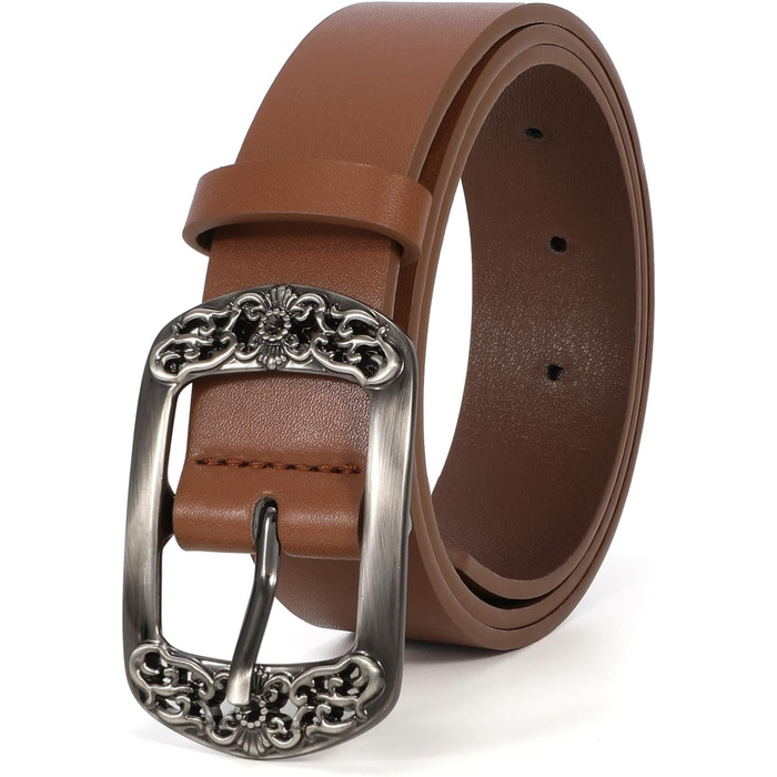 Жіночий шкіряний ремінь Suosdey, класичний чорний з квітковим пряжкою, для джинсів, суконь, модний аксесуар (колір: рудий коричневий, довжина 120 см, розмір: 93-103 см)