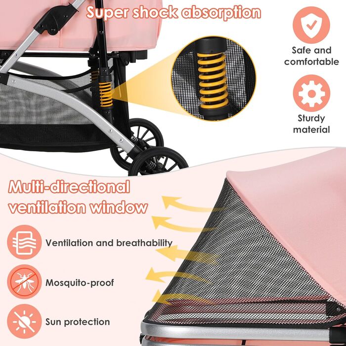 Візок для собак Mamizo 3-в-1: візок, переноска, сумка, до 20 кг, поворотні колеса, кошик, тримач для напоїв, для собак та котів (сріблястий, рожевий)