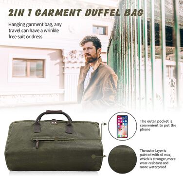 Сумка-чохол для одягу 2-в-1 Canvas Leder American Casual (Віск, Армійсько-зелений) для подорожей та бізнес-поїздок з плечовим ременем