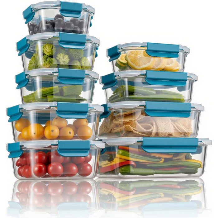 Набір контейнерів для зберігання продуктів Glas, 18 частин (9 контейнерів, 9 кришок), BPA-free, підходить для миття в посудомийній машині, мікрохвильовій печі та морозильній камері, виготовлені з скла, витікання неможливе, колір: бірюзовий