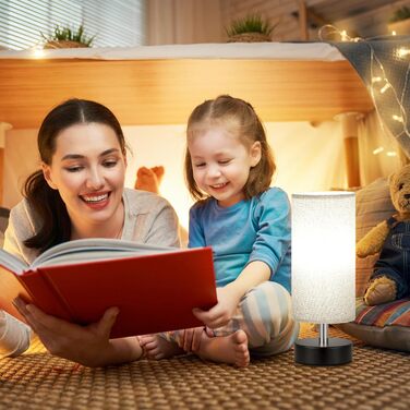 Настільна лампа Kakanuo з 3 режимами кольору, біла, з вимикачем, абажур з льону, для вітальні, спальні, офісу, дитячої кімнати (LED лампа в комплекті), колір: білий+чорний (сірий+чорний)