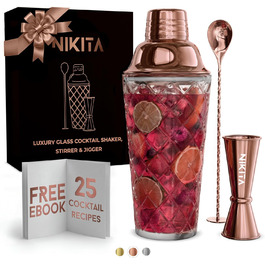 Набір шейкерів для коктейлів зі склом та ситом, 5 шт., 450 мл, з мірним стаканчиком та барною ложкою з пестиком, подарункова коробка (рожеве золото)
