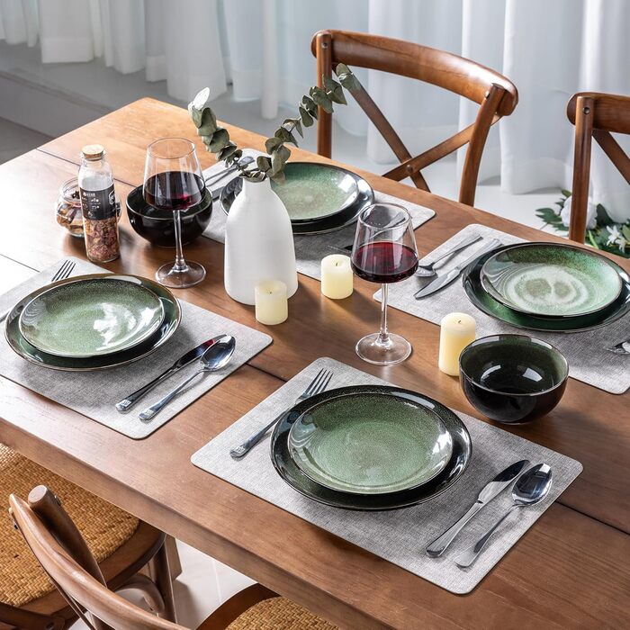 Набір посуду LeRatio для 8 осіб: 24-частинний комплект з кераміки з реактивною глазур'ю (смарагдовий, 24 частини)