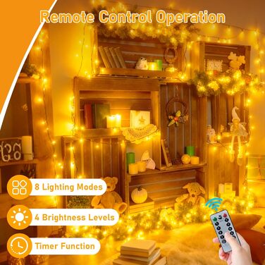 Ланцюжок прикрас (гірлянда) на батарейках, 30м, 300 LED, для внутрішнього та зовнішнього використання, з таймером, 8 режимів, водонепроникна, тепле біле світло, зелений кабель, для декору на Різдво, в сад, на вечірку