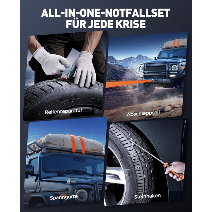 Powerbank для авто 26800mAh 7000A з компресором 160PSI, старт допомога, 5 LED, набір для ремонту шин, молоток, підтримка бензину/дизеля