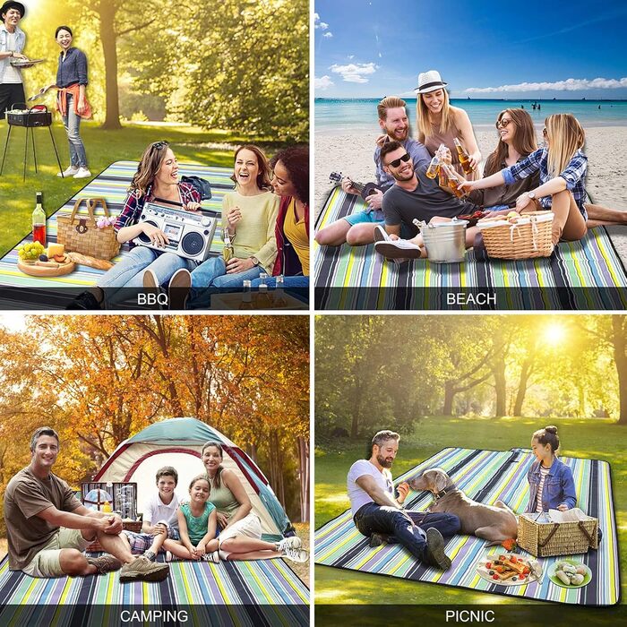 Плед для пікніка LIVEHITOP водонепроникний XXL 150x200 см, синій в смужку – для пляжу, кемпінгу, парку, барбекю