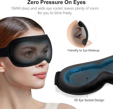Маска для сну Gritin 3D для тих, хто спить на боці, дихаюча, з регульованою гумкою, блокує світло, зручна та ергономічна, для чоловіків та жінок, 2 пари вушних затичок, чорний