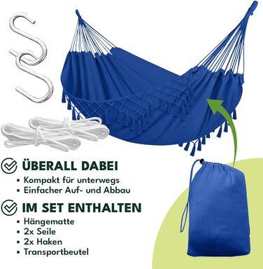 Гамак KRUMAD 260 см, до 250 кг, водостійкий, бавовна-поліестер, для саду, балкону, кемпінгу, з дерев'яними розпірками та сумкою (Синій, 150x200 см)