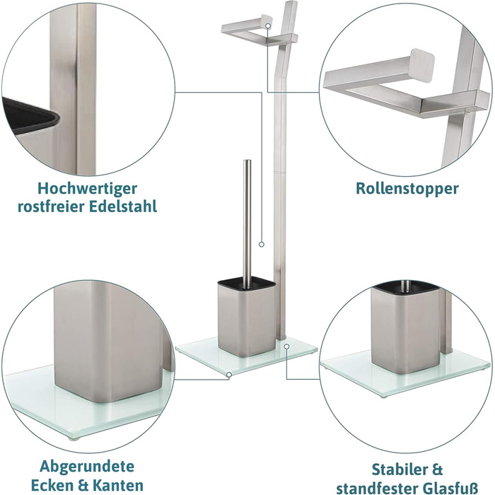 Набір для ванної кімнати WC-Garnitur з тримачем для туалетного паперу, хромований, без свердління, нержавіюча сталь, скляний підстав, 32x20x70 см, легка установка, 1 та 2 змінні щітки для унітазу