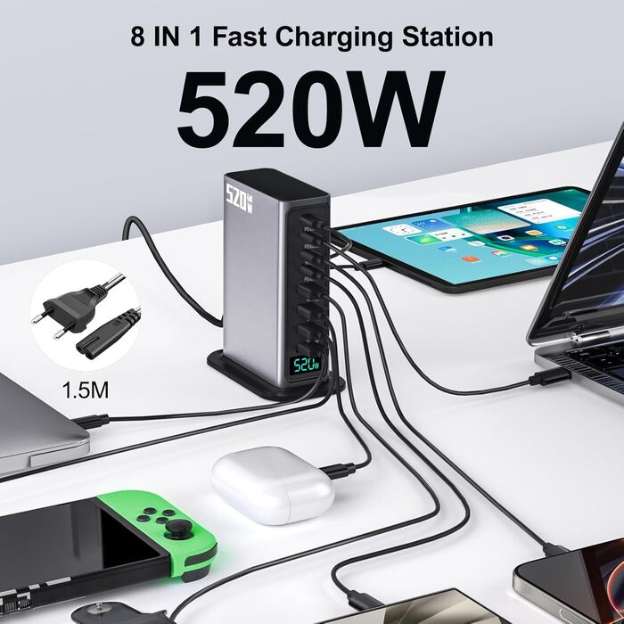Зарядний пристрій USB-C 520W, 8 портів GaN, швидка зарядка для ноутбука, iPad, iPhone 17 Pro Max, Pixel, Dell, MacBook Pro/Air, Galaxy S25, Steam Deck