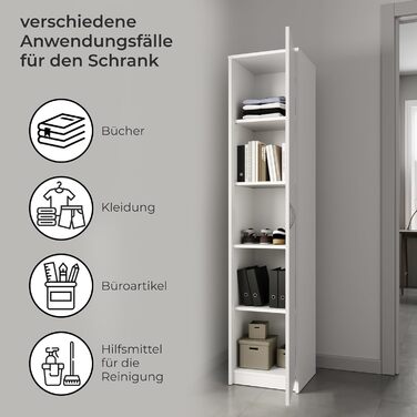 Bookshelf Wardrobe Shelf White 40cm wide 180cm high Storage Cabinet Organizer Multi-Purpose Cabinet with 4 Adjustable Shelves Filing Cabinet Shelf Wall narrow Wood for Bedroom Hallway Basement Office