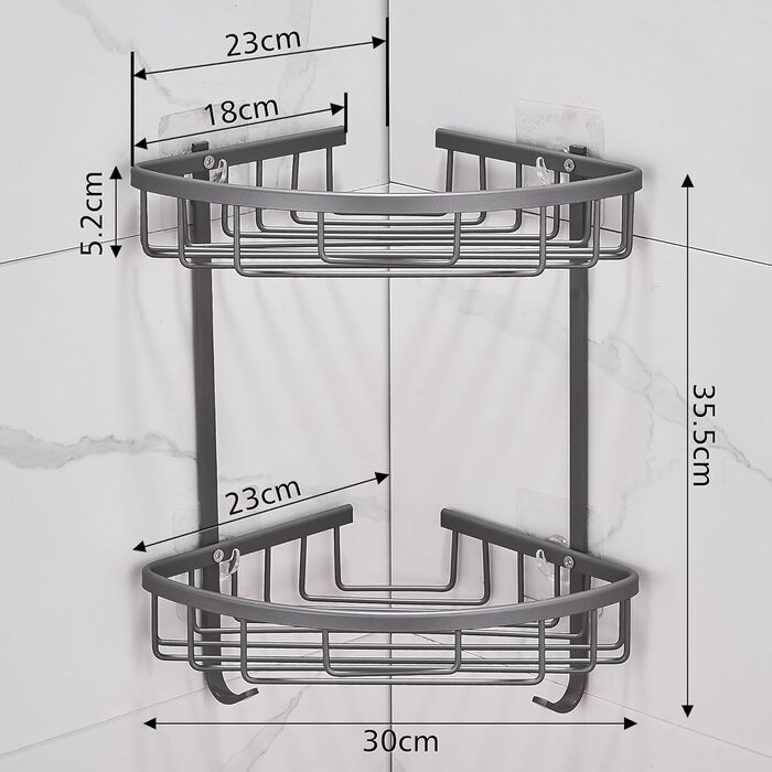 Поличка для душу GRICOL Eck-Duschregal без свердління, металева, кутова, з 2 гачками, для зберігання в ванній кімнаті, 2 яруси, нержавіюча сталь, сірий колір
