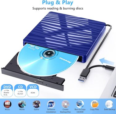 Зовнішній DVD-привід USB 3.0 та Type-C, портативний CD/DVD +/-RW записувач для ноутбука, ПК, MacBook, Windows, macOS, Linux (Темно-синій)