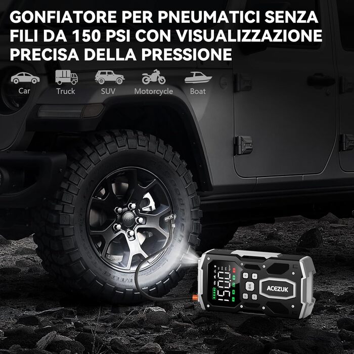 Портативний пусковий пристрій для автомобіля з повітряним компресором 8000A/150PSI (12V, для бензинових та дизельних двигунів) з LCD-дисплеєм M03