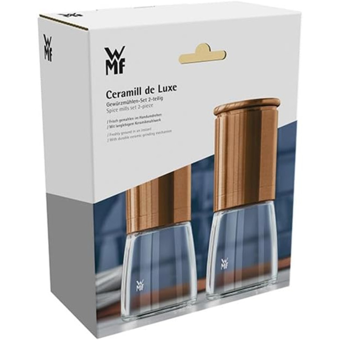 Набір млинів WMF De Luxe для солі та перцю, 2 шт, 14 см, скло, керамічний механізм, для солі, перцю, чилі, мідний колір