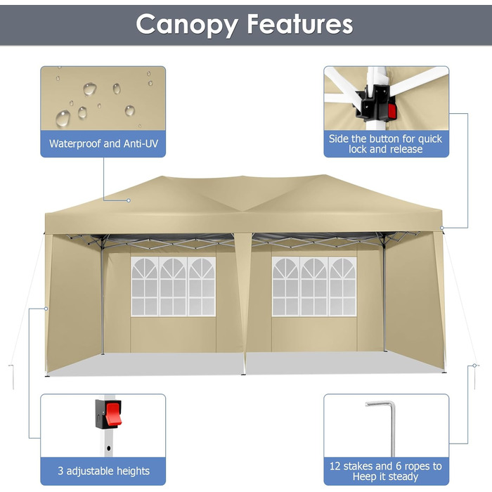 COBIZI Pavilion - Waterproof, Stable, Winter-Proof, Foldable, Pop-up Party Tent, Garden Pavilion for Beach Wedding, with 4 Side Panels, UV Protection 50+, Adjustable Height (Khaki, 3x4m)