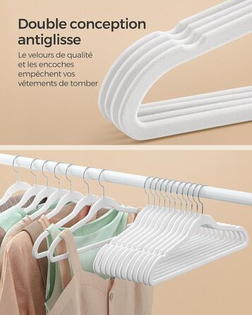 SONGMICS Плечики для одягу з оксамиту, 20 шт., для сорочок, жакеток, пальто та костюмів, білі, 41,5 см, обертаються на 360°