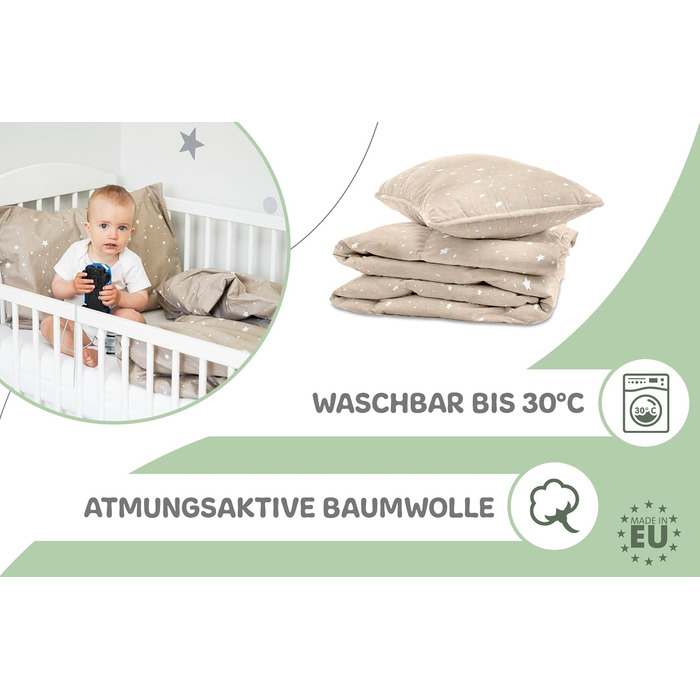 Комплект постільної білизни для дитячого ліжечка Kinderbettwäsche: бавовна 90x120/40x60 см + ковдра та подушка. Oeko-Tex, білий/сірий, для хлопчиків та дівчаток