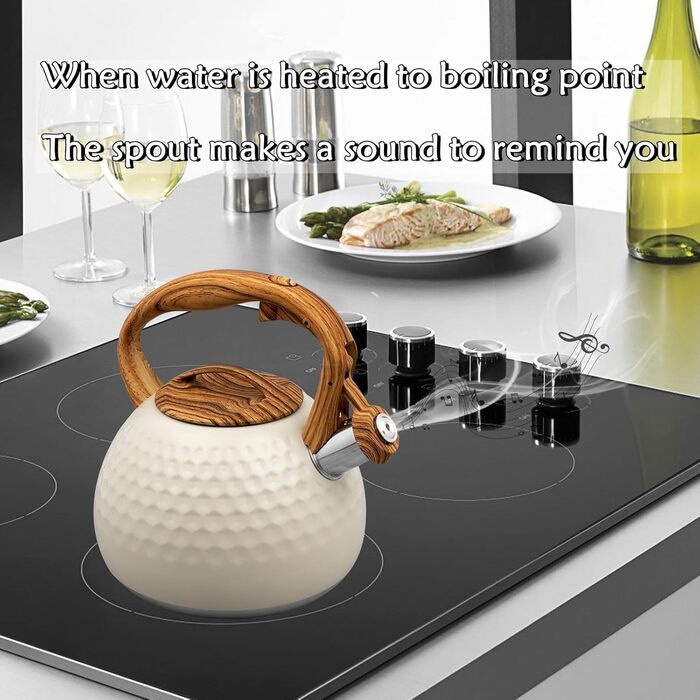 Чайник для плити, 3 л, нержавіюча сталь, з ручкою з деревом, чайник-свисток для індукційних, газових та електричних плит (білий)