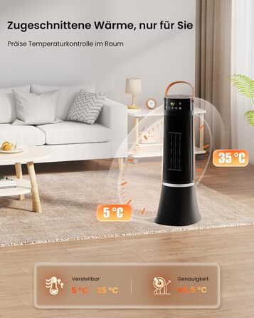 Електричний обігрівач 2000W з керамічним PTC нагрівачем, 75° обертання, термостат, тиха електропіч, 3 режими, таймер 24 години, захист від перегріву та перекидання