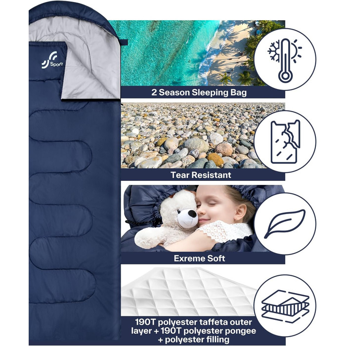 Сплячий мішок 3-4 сезони - ковдровий спальний мішок Легкий для кемпінгу, Outdoor. Ідеальний для дорослих та дітей 220x75см, темно-синій