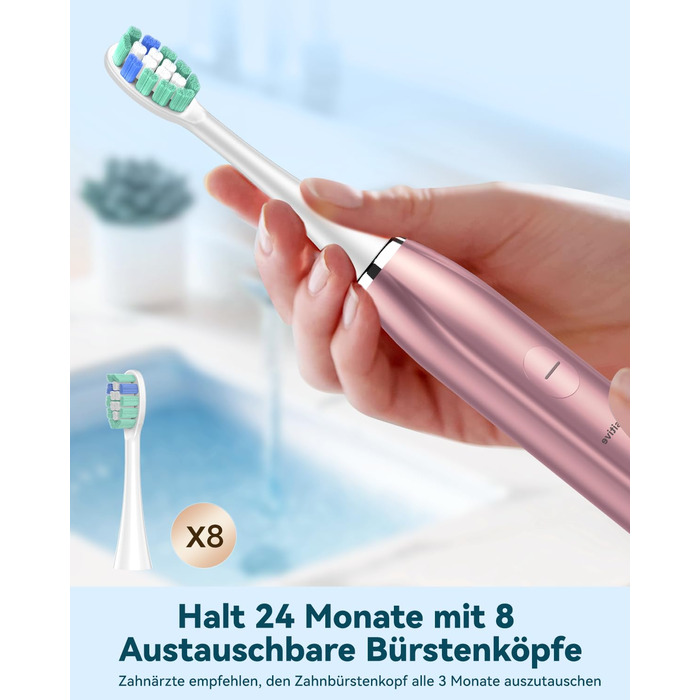 Електрична звукова зубна щітка для дорослих Roségold з відбілюючим ефектом - 8 насадок, 5 режимів, кейс для подорожей та зарядний пристрій