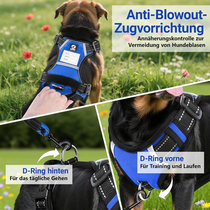 Нашийник для собак великих порід з ручкою, не тягне, дихаючий, з підкладкою, безпечний, світловідбиваючий, з поводом, для тренувань та активного відпочинку, блакитний