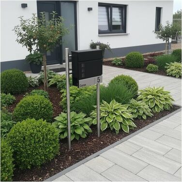 Поштова скринька Metzler Svena з нержавіючої сталі, чорна (RAL 9007) з табличкою для імені та номера будинку, відділення для газет, розмір 37x37x10.5 см