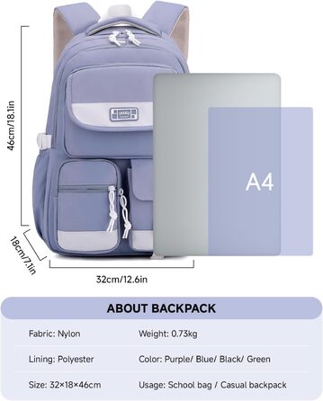 Рюкзак для підлітка, шкільний рюкзак для дівчинки з багатьма відділеннями, рюкзак для учнів 3-5 класів, середньої та старшої школи, нейлоновий рюкзак для подорожей та відпочинку, блакитний