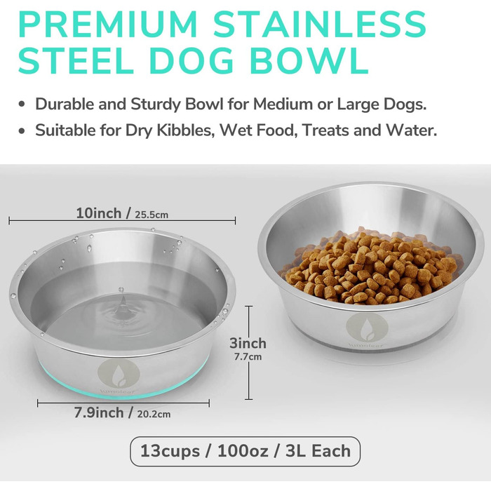 Миска для собак LumoLeaf з нержавіючої сталі, велика, 2 шт по 3000 мл, з неслизьким силіконовим дном, для великих і середніх собак, миска для води та корму, придатна для миття в посудомийній машині (подвійний набір)