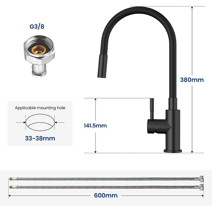 Змішувач кухонний CECIPA SOFETIY SERIE (Чорний) з гнучким виливом 360°, для високого тиску, з 2 режимами струменя, з нержавіючої сталі, для раковини