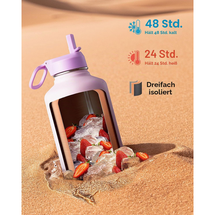 Термофляга Coolflask 2Л зі сталі з трубою та 3 кришками, вакуумна ізольована пляшка для води для спорту та подорожей, Starry Indigo Black (Рожевий, 1893 мл)