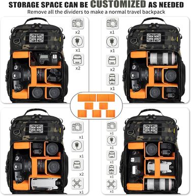Рюкзак для камери з відділенням для ноутбука 15,6 дюймів - водонепроникний, міцний фоторюкзак для Canon, Nikon, DJI | Знімний вкладиш, кріплення для штатива, чорний камуфляж