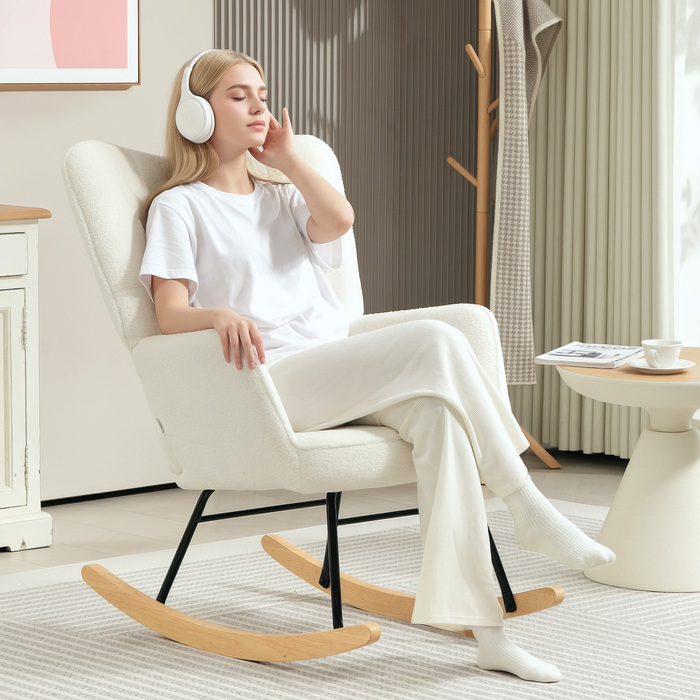 HOMCOM Rocking Chair, Rocking Armchair with Berber Fleece Look, Armrests, Padded Armchair with Wooden Runners, Reclining Chair for Living Room, Bedroom, Holds up to 120kg, White | Aosom
