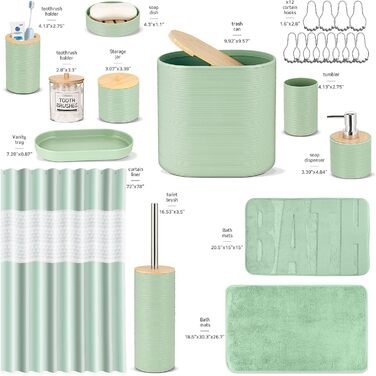 Набір для ванної кімнати IMAVO, 26 предметів: аксесуари для ванної, душова завіса, килимки, сміттєвий бак, піднос, дозатор мила, мильниця, тримач для зубних щіток, стакан для зубних щіток (зелений)