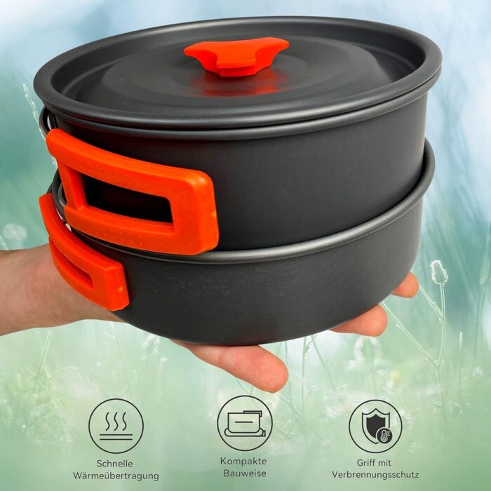 Набір посуду для кемпінгу WILDVIVAL на 1-3 особи (12 предметів) - легкий алюмінієвий посуд для кемпінгу з каструлею, сковородою та чайником