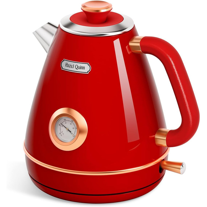 Електричний чайник Hazel Quinn Retro з термометром, з нержавіючої сталі, без пластику, 1.7 л, 2200 Вт, автоматичне вимкнення, вінтажний дизайн, Rudy Rot