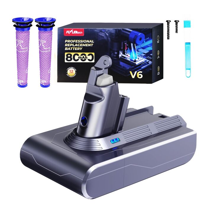 Акумулятор FLYLINKTECH 8.0Ah V8 для пилососів Dyson V8 Absolute/Animal/Fluffy/Motorhead SV10 з 2+1 фільтрами та 4 гвинтами