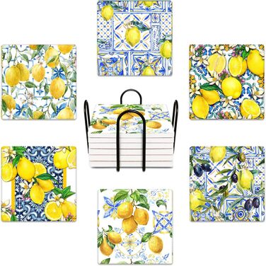Coasters for drinks, 6 pieces, yellow lemon, fruit, blue ceramic tiles, pattern, absorbent, square, ceramic stone mat, with cork base and metal holder, housewarming gift