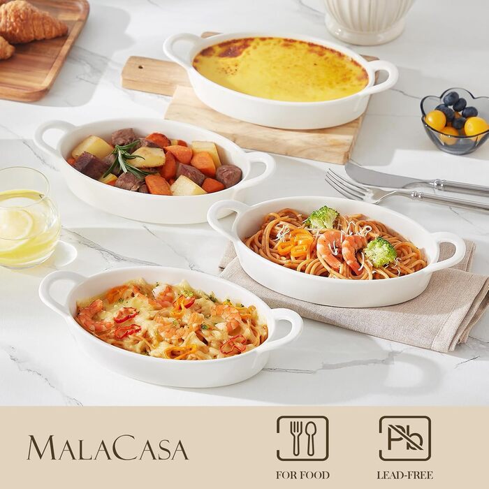 Форма для запікання MALACASA 4 шт, 600 мл, керамічна, біла - для лазаньї, гратену, пасти, десертів