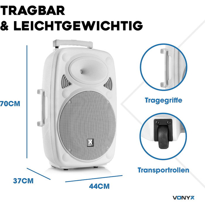 Vonyx Verve46 - портативна акустична система для вечірок з Bluetooth, 1000W, 2 мікрофони UHF, MP3, вбудований акумулятор, пульт ДУ - чорний