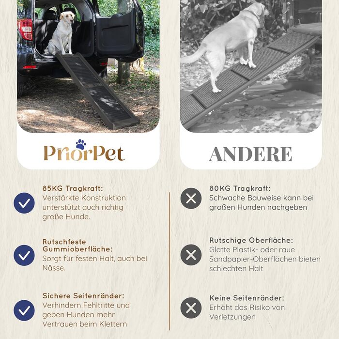 Східці для собак у машину – складані, 174 см, 38 см, з гумовим покриттям – для великих собак, підходить для авто та SUV – вантажопідйомність 85 кг – темно-сірий колір