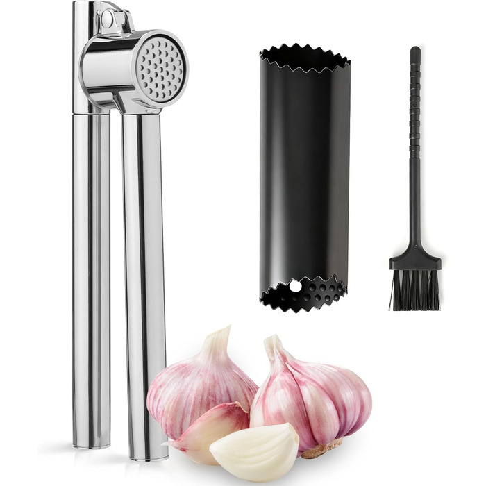 Пресс для часнику з нержавіючої сталі VINATO з очищувачем та щіткою для чищення, кухонний аксесуар для натискання та очищення часнику, придатний для миття в посудомийній машині